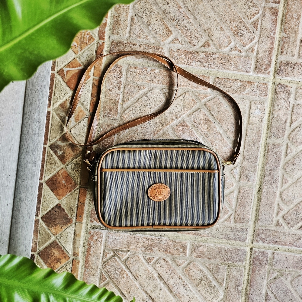 Allan Edward Genuine Leather Trim Black Tan Striped Crossbody Shoulder Purse Bag